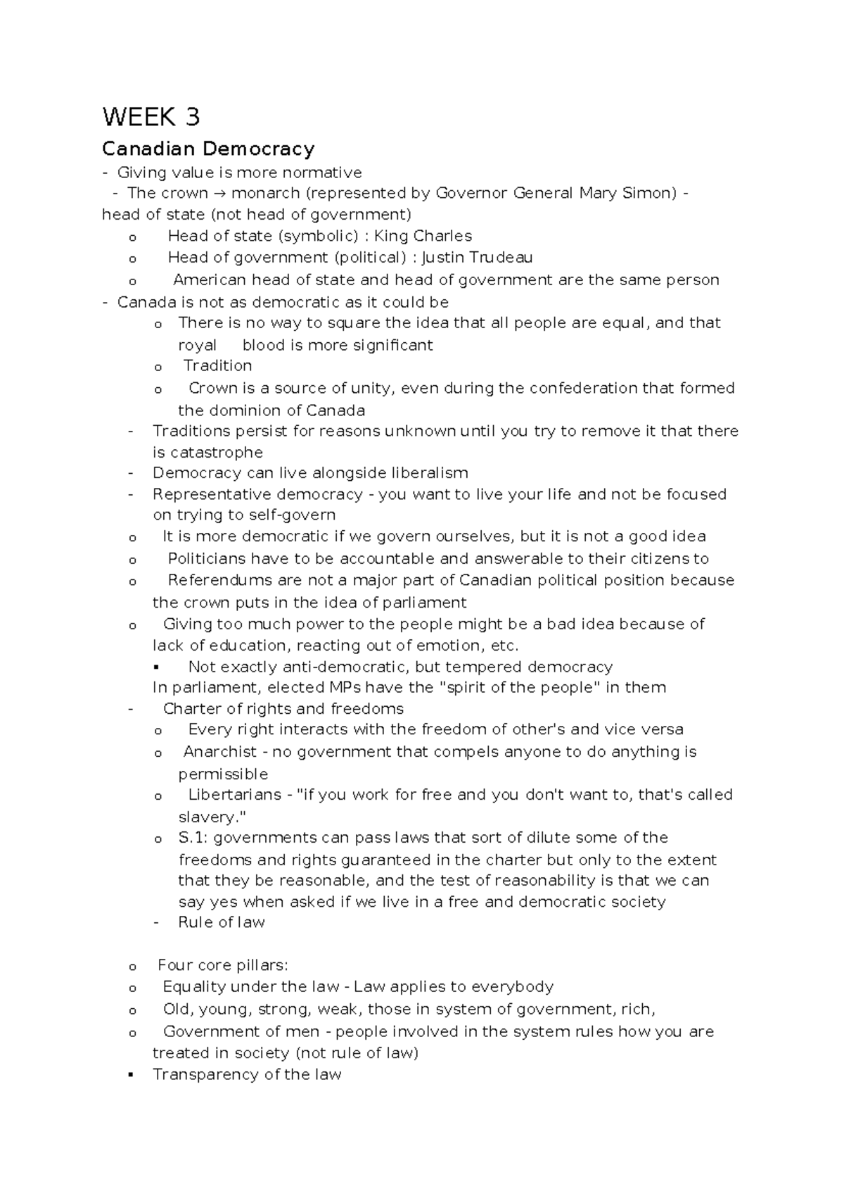 Document 3 - notes - WEEK 3 Canadian Democracy - Giving value is more ...