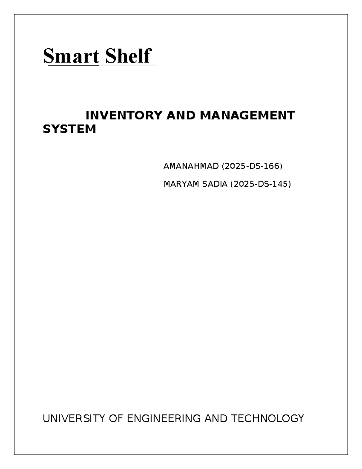 Smart Shelf Inventory Management System Documentation (UET) - Studocu