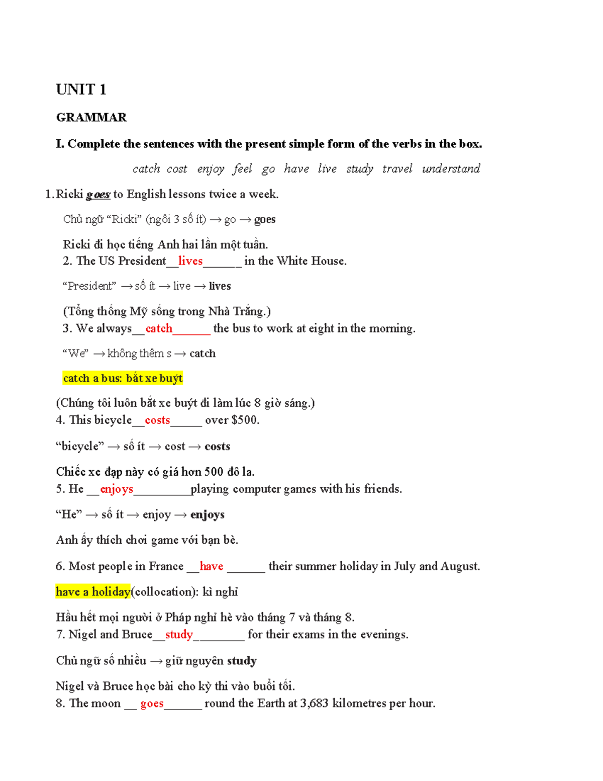 UNIT 1 - Present Simple Grammar Exercises and Vocabulary - Studocu