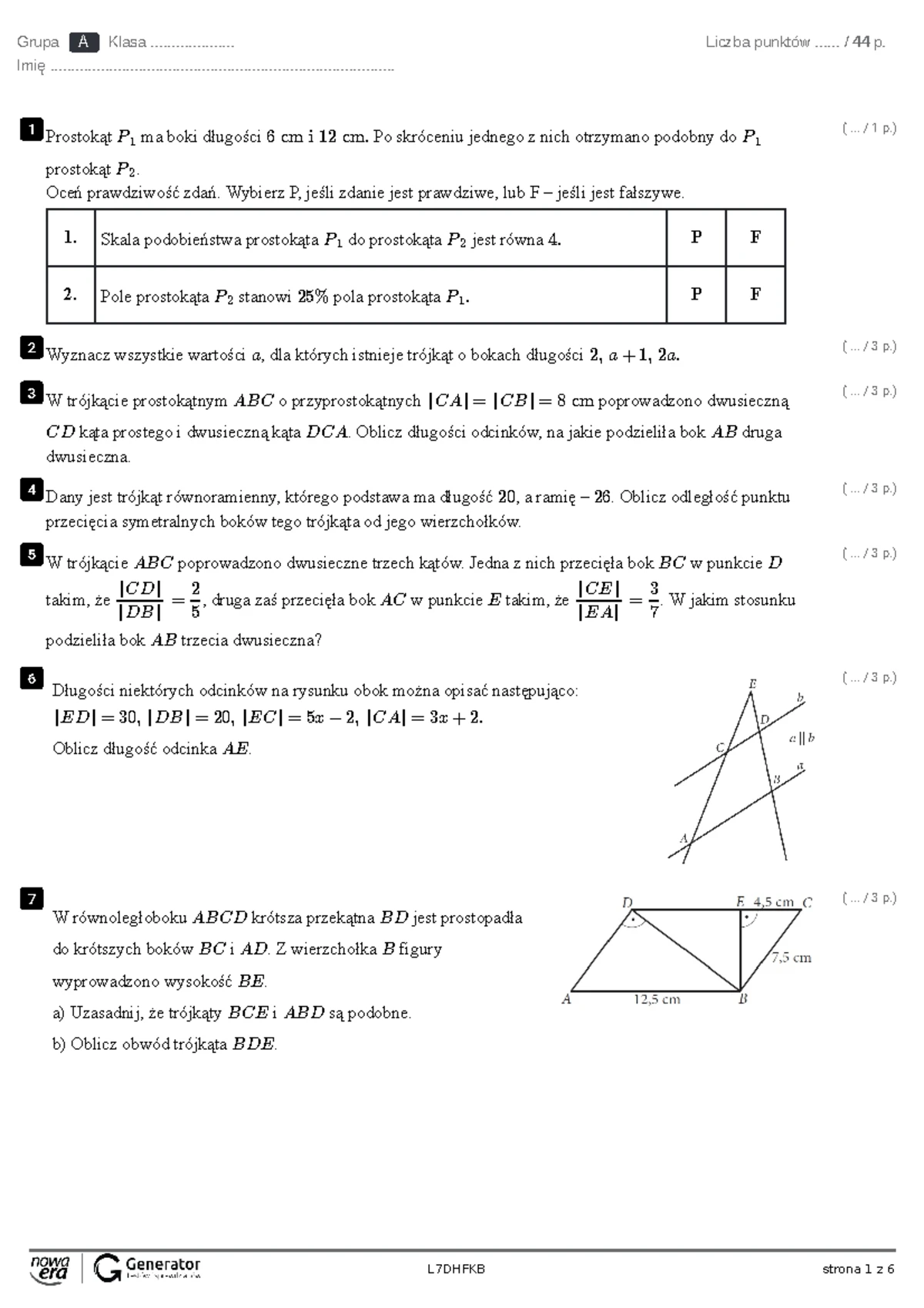 5. Planimetria – klasówka (łatwiejszy poziom) z punktacją 20 p. - Studocu
