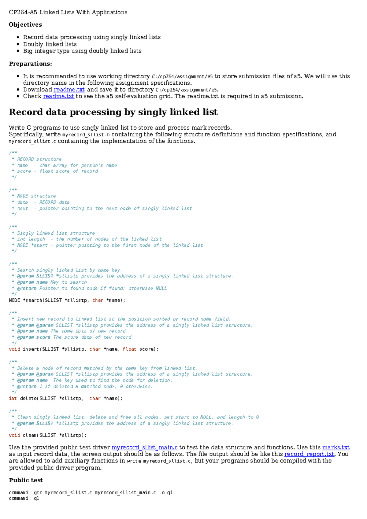 CP264 Assignment 5: Linked Lists Implementation Guide - Studocu