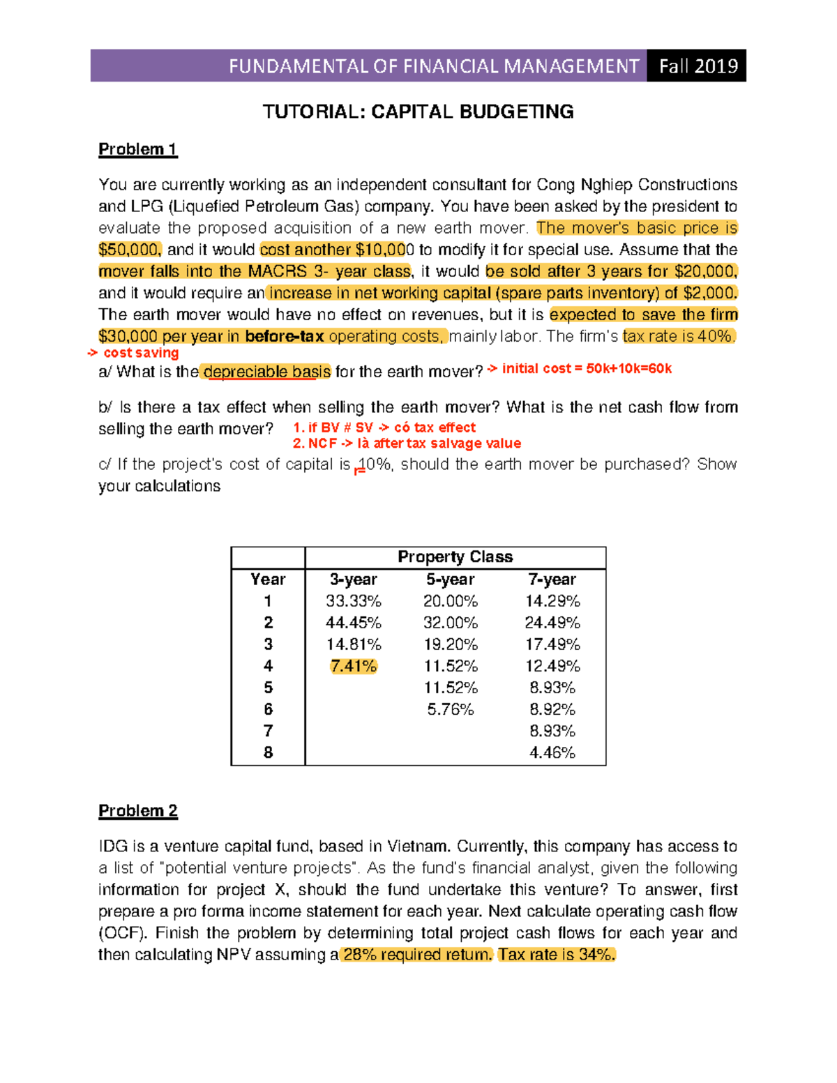 Capital Budgeting Tutorial Fall 2019: Problem Analysis & Solutions ...