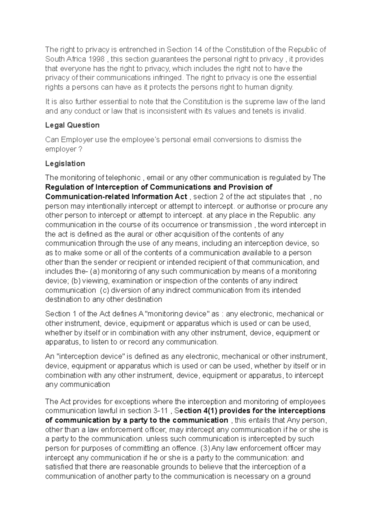 Legal Analysis of Privacy Rights in South Africa's Constitution (1998 ...