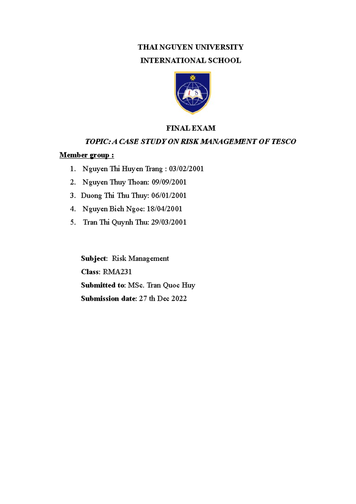 RMA 2022 Final Exam: Case Study on Tesco's Risk Management - Studocu