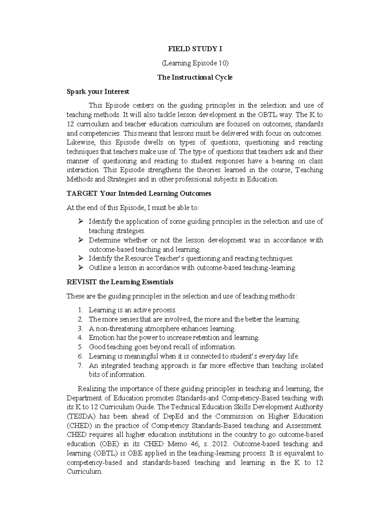 Episode 10: Field Study I - Exploring Teaching Methods and OBTL - Studocu