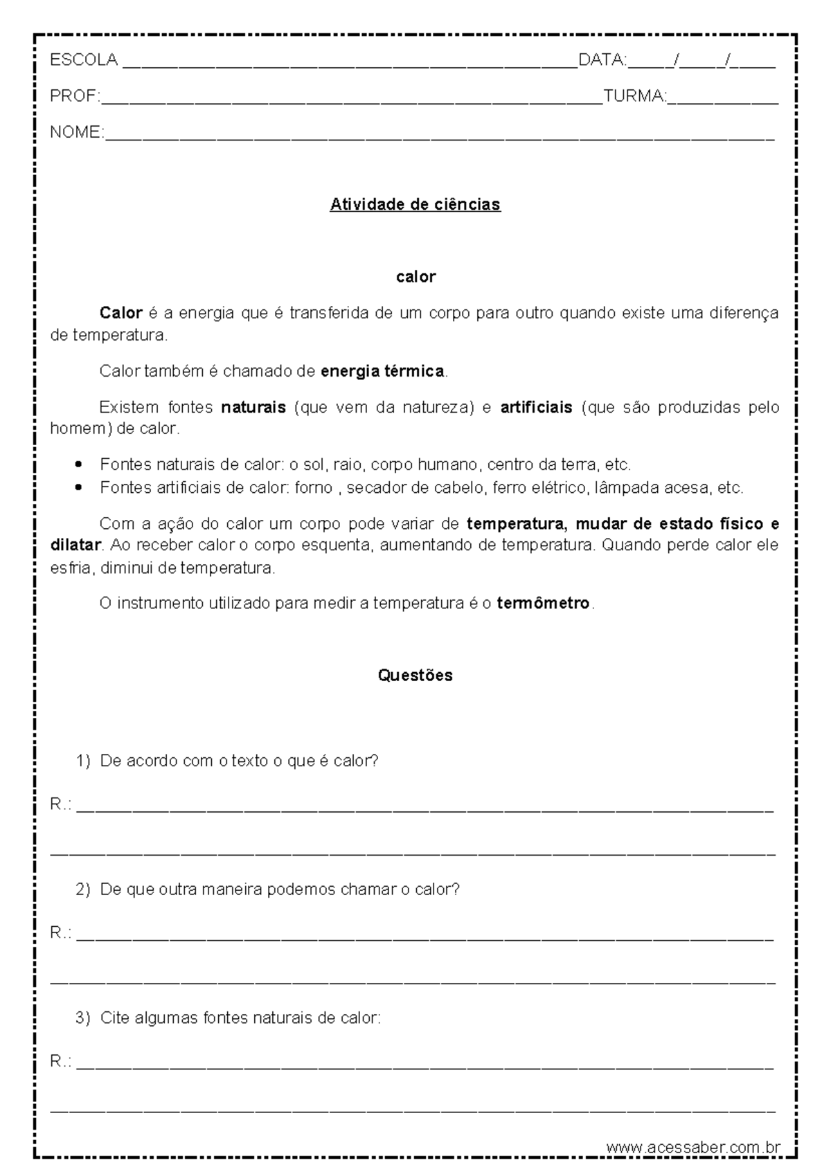Atividade de Ciências: Calor no 4º e 5º Ano - Questões e Conceitos ...