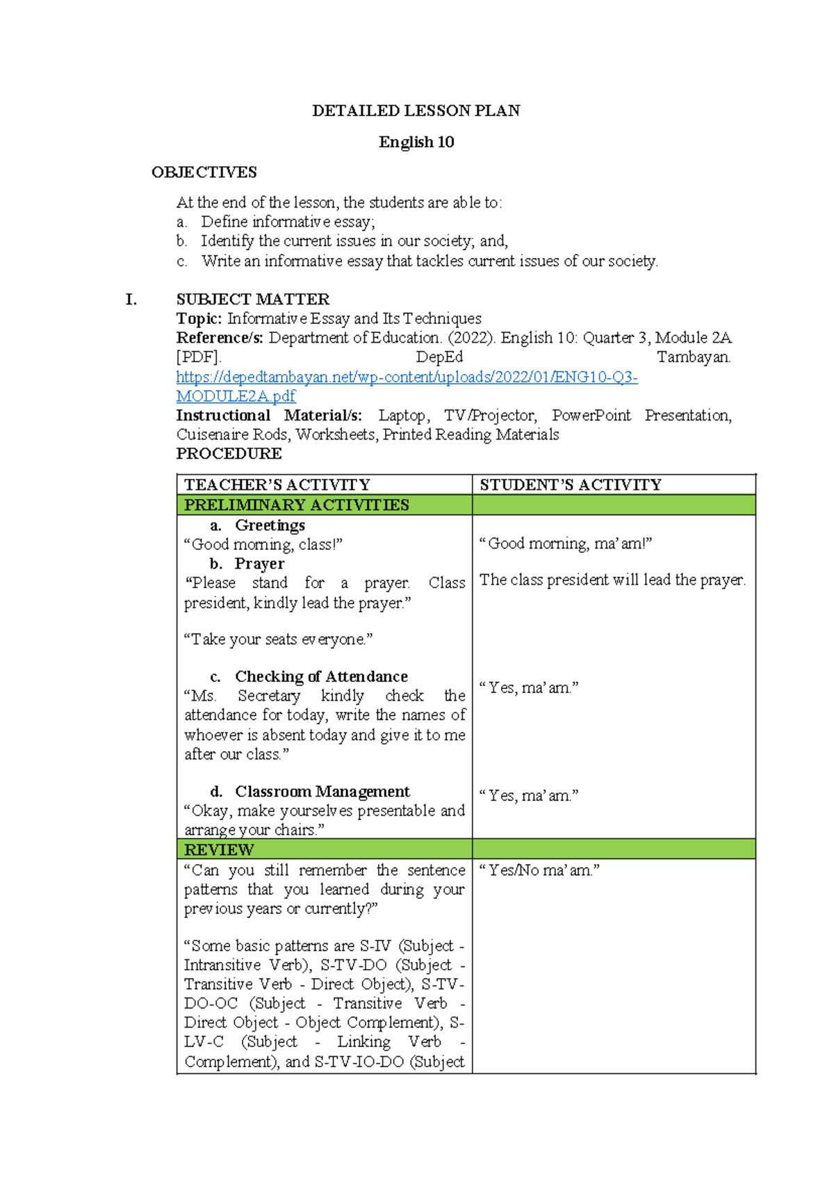 Lesson Plan: Writing an Informative Essay in English 10 - Studocu