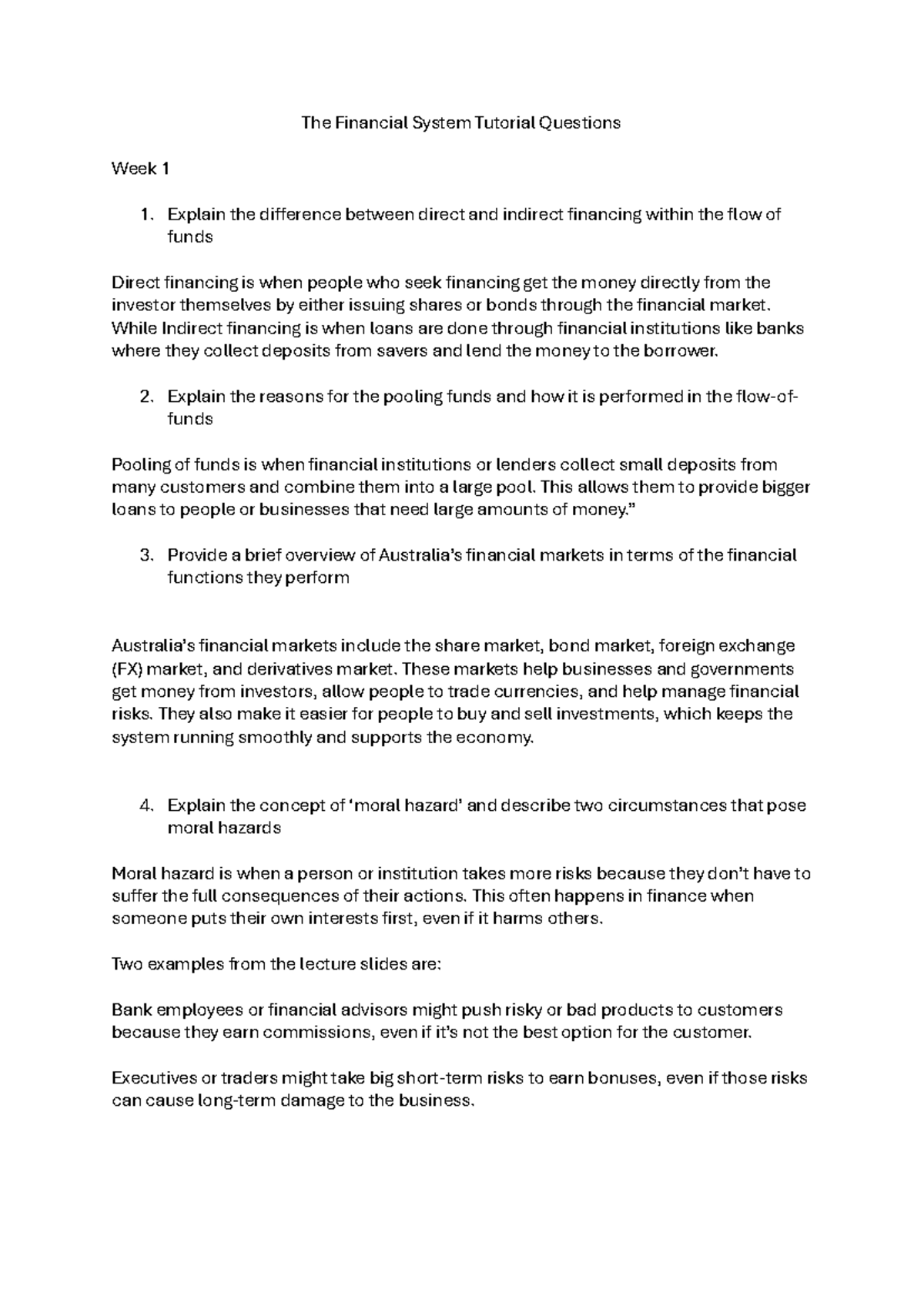 Financial System Tutorial Questions - Week 1 to Week 5 Notes - Studocu