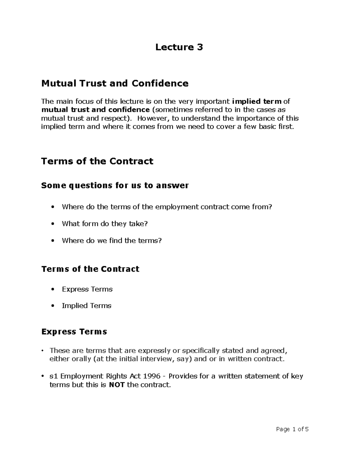 L3 - Lecture on Mutual Trust & Confidence in Employment Law - Studocu