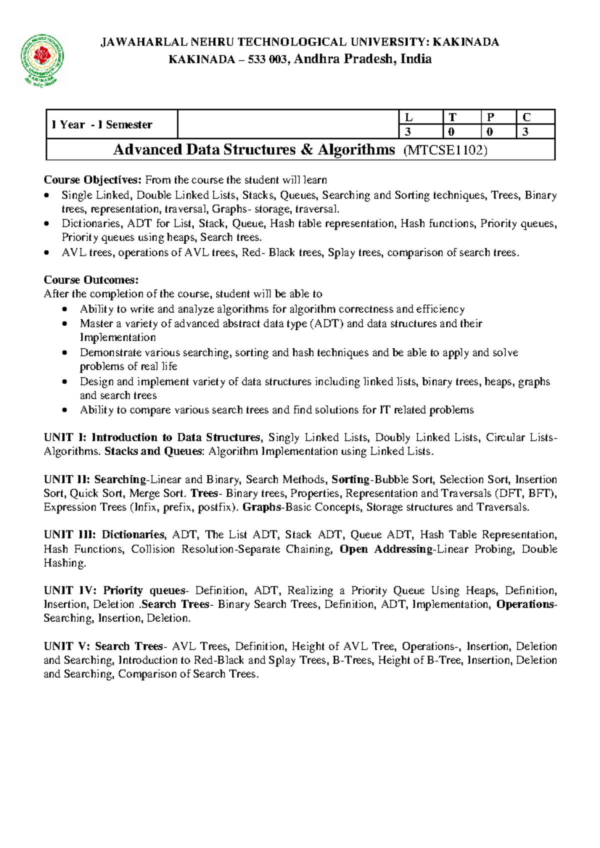 MTCSE1102 Advanced Data Structures & Algorithms Syllabus - Studocu