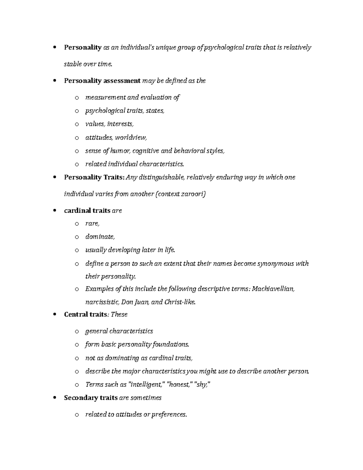 Personality Assessment Overview: Key Traits and Theories - Studocu