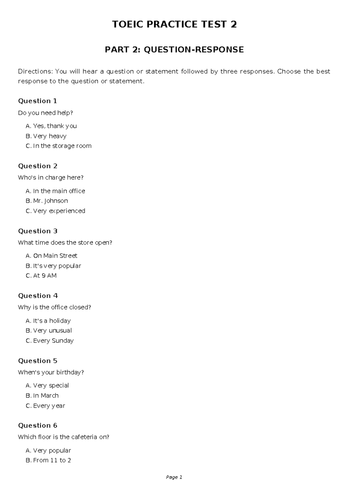 TOEIC Practice Test 2: Part 2 Question & Response Guide - Studocu