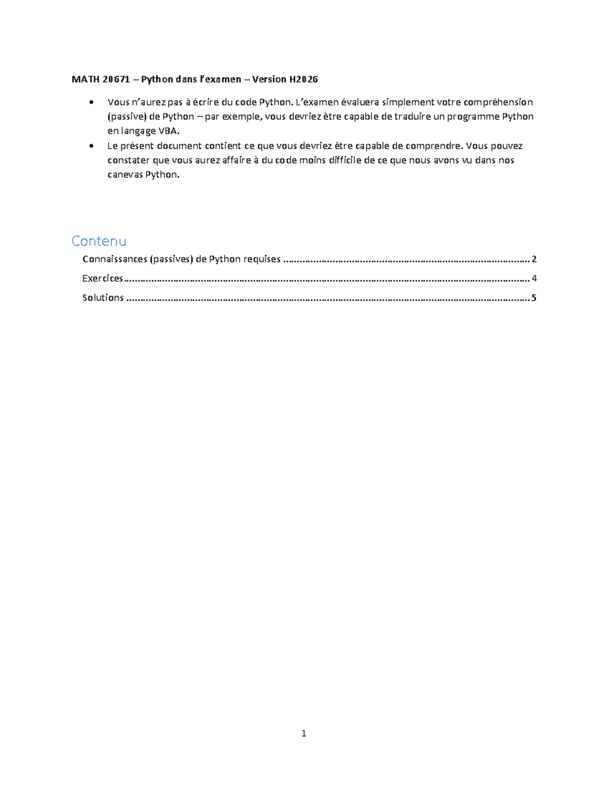 MATH 20671 Examen sur la Compréhension de Python et VBA - Studocu