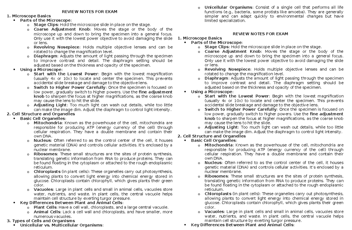 Biology 101: Review Notes for Exam 1 on Microscopes & Cells - Studocu