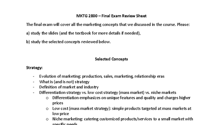 MKTG 2800 Final Exam Comprehensive Review Guide - Studocu