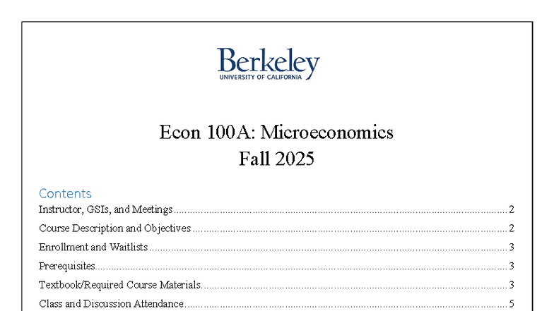 Econ 100A: Microeconomics Syllabus and Course Overview - Fall 2025 ...