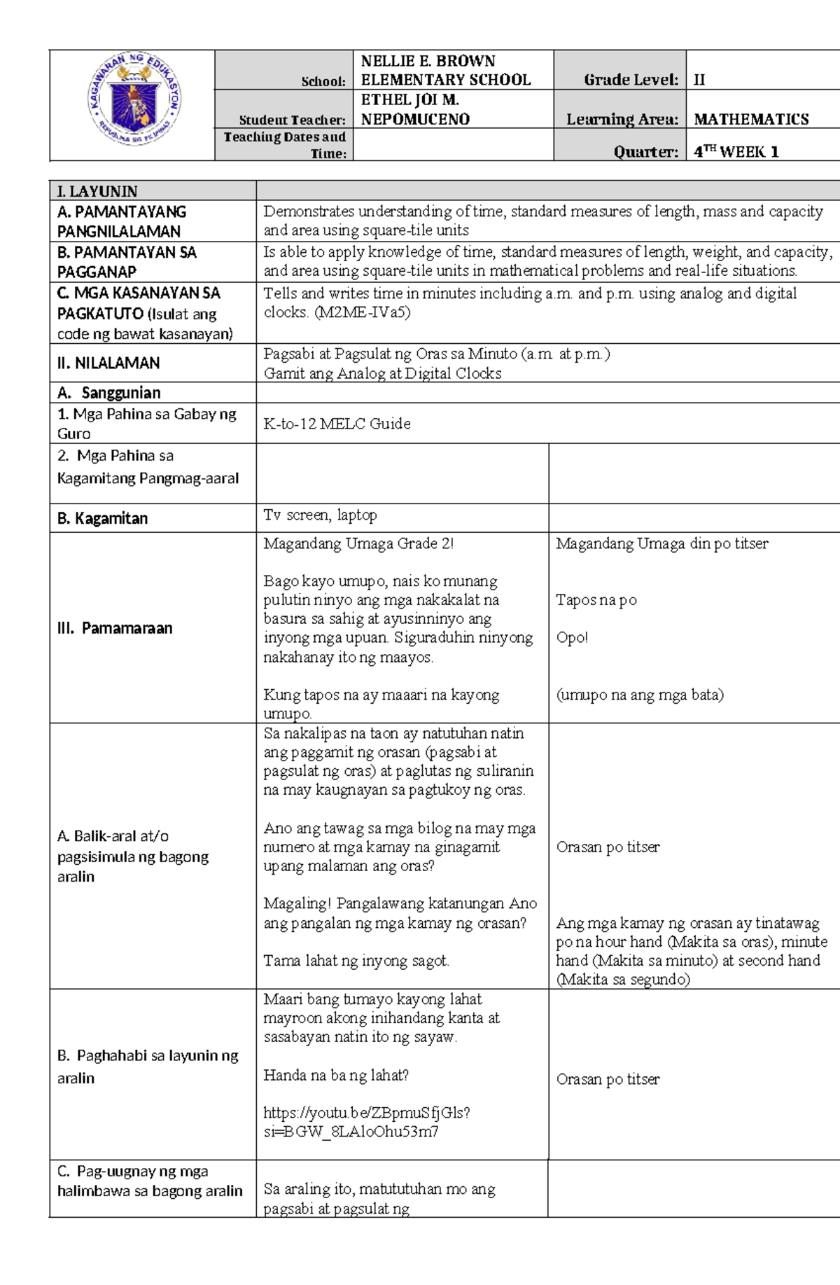 MATH 2 LECTURE: Week 1 4th Quarter Lesson Plan on Time Concepts - Studocu