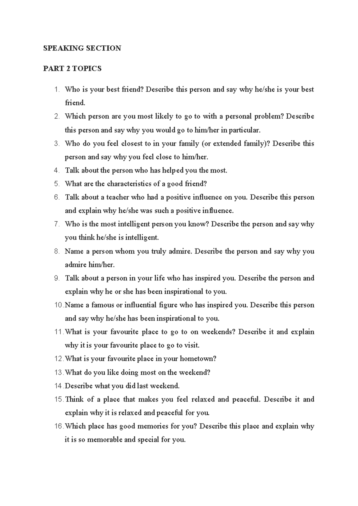 SPEAKING SECTION: PART 2 & 3 TOPICS FOR STUDENTS - Studocu