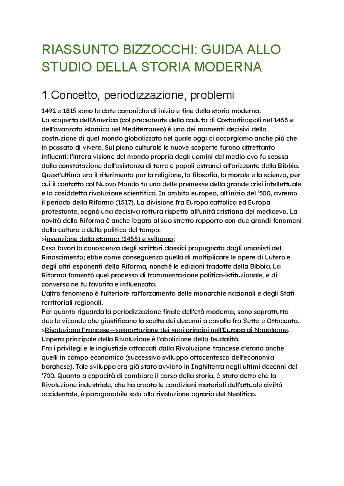 Riassunto Bizzocchi: Guida allo Studio della Storia Moderna 1 - Studocu