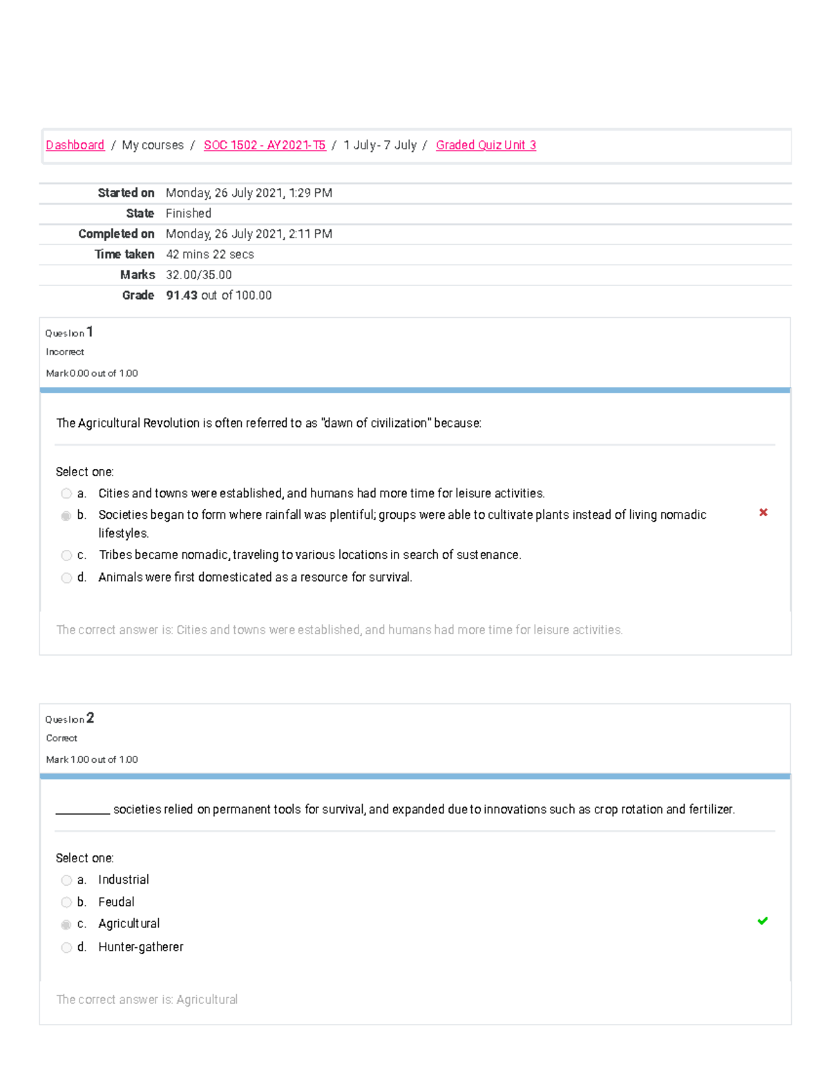 SOC 1502 Graded Quiz Unit 3 Attempt review - Dashboard My courses SOC ...