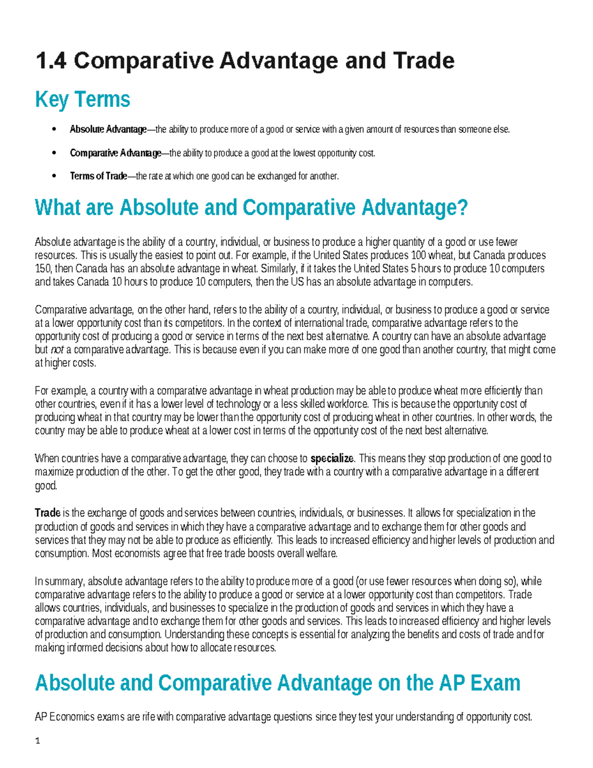 1.4 Key Terms of Comparative Advantage and Trade Concepts - Studocu