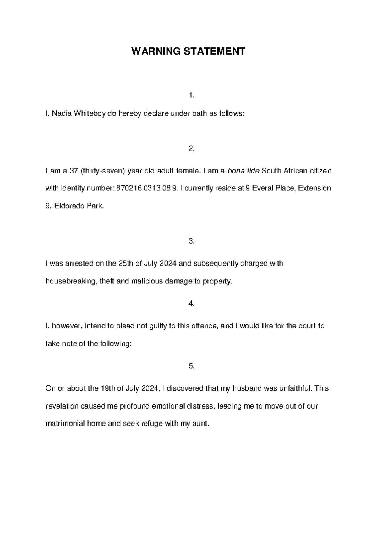 Legal Affidavit: Nadia Whiteboy's Warning Statement on Charges - Studocu