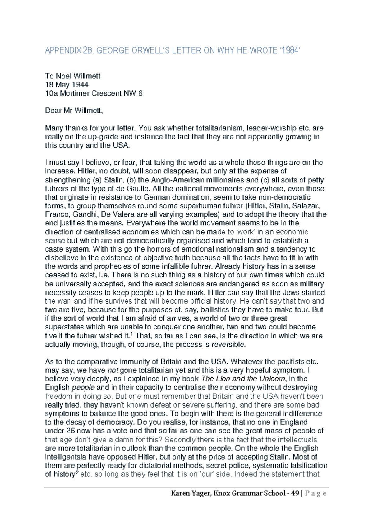 G Orwell Letter - Karen Yager, Knox Grammar School - 49 | P a g e ...
