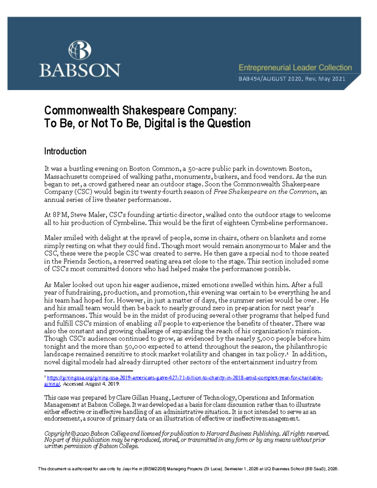 BAB494 Case Study: Commonwealth Shakespeare Company and Digital ...