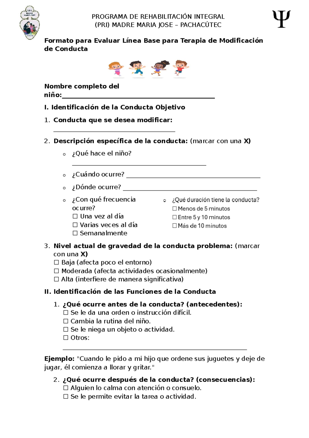 Formato para Evaluar Línea Base para Terapia de Modificación de ...