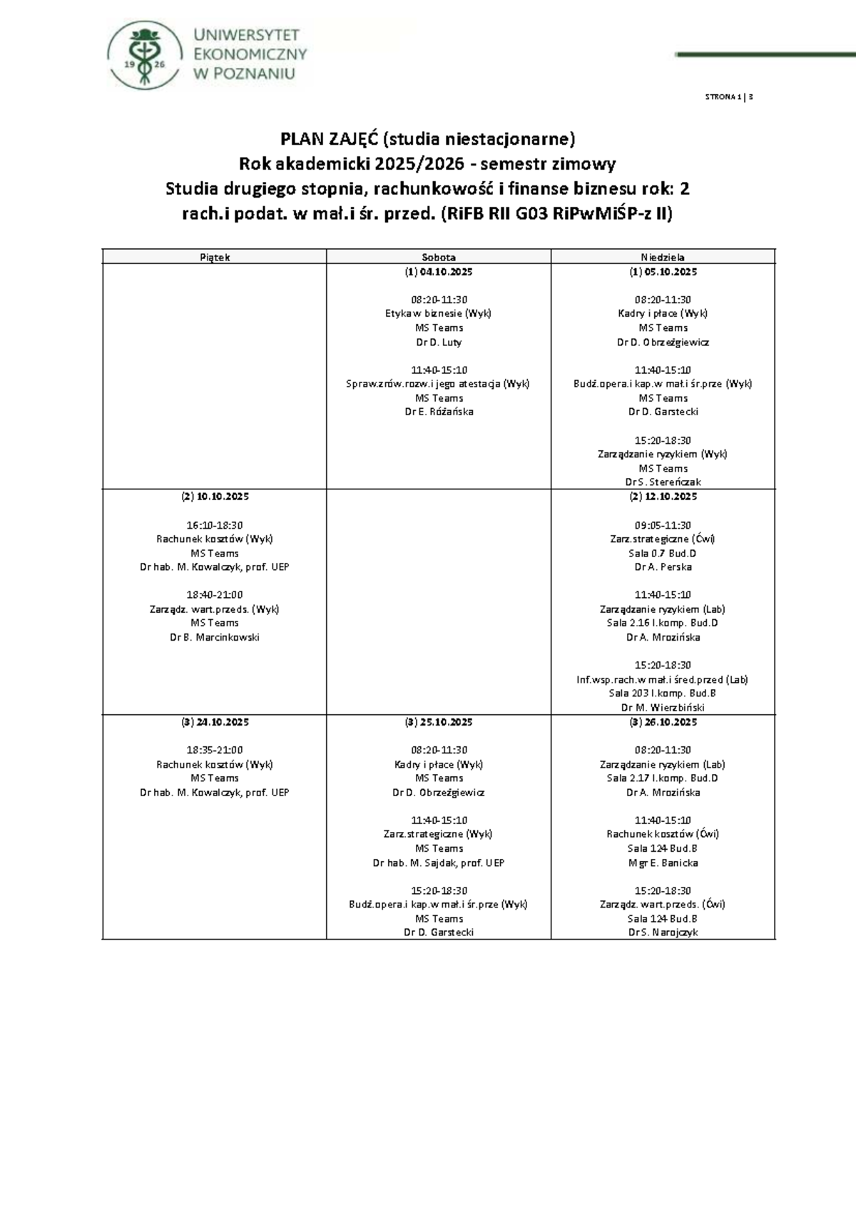 Plan Zajęć - Rachunkowość i Finanse (RiFB RII G03 II) Semestr Zimowy ...