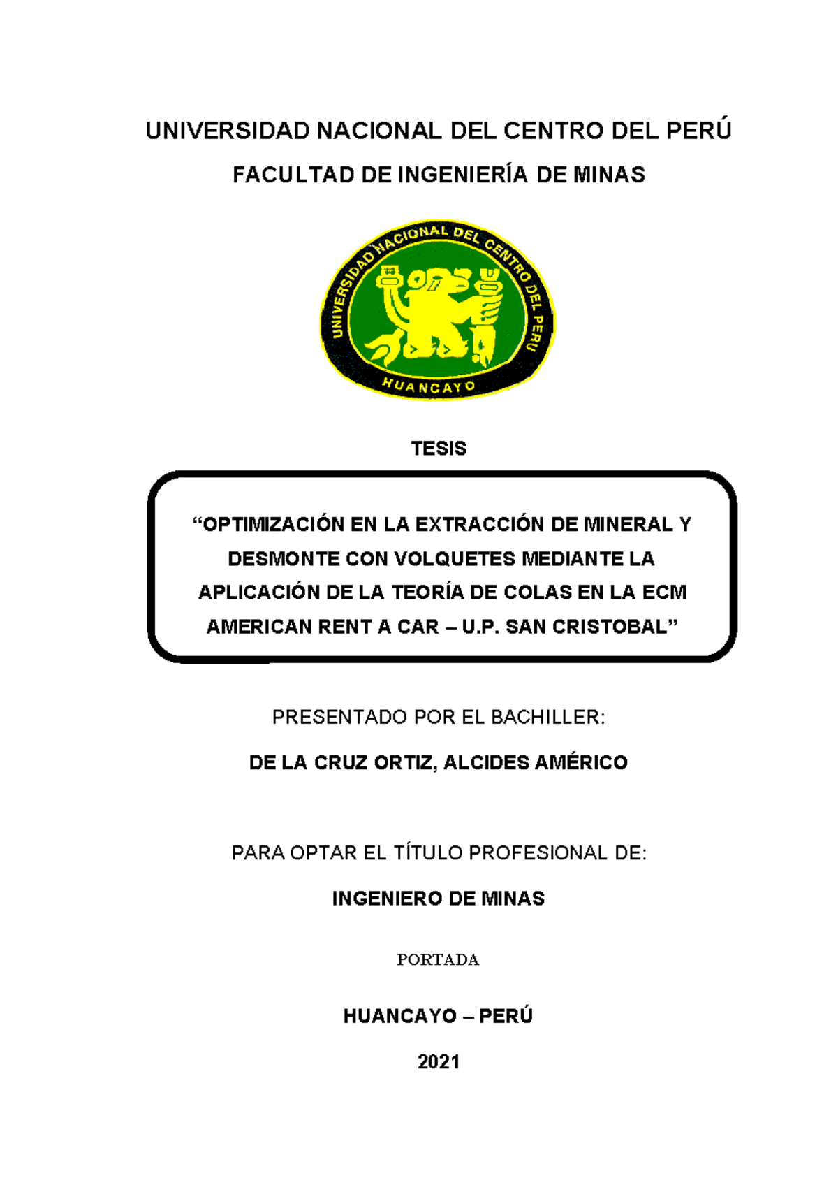 Tesis de Optimización en la Extracción de Mineral y Desmonte - ING. MINAS - Document Preview