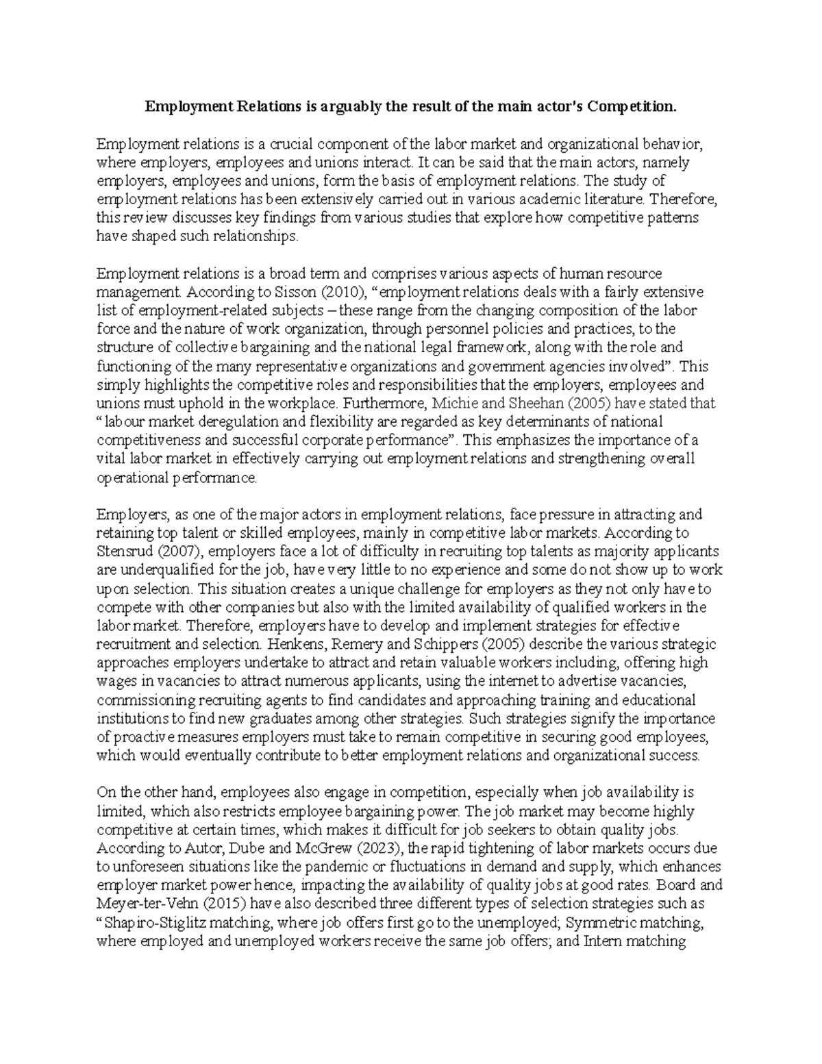 MG315 Employment Relations: The Impact of Competition on Labor Dynamics ...