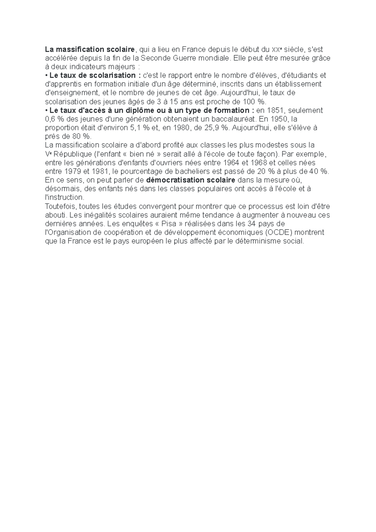 Cours ses 3 - ecrit - La massification scolaire, qui a lieu en France ...