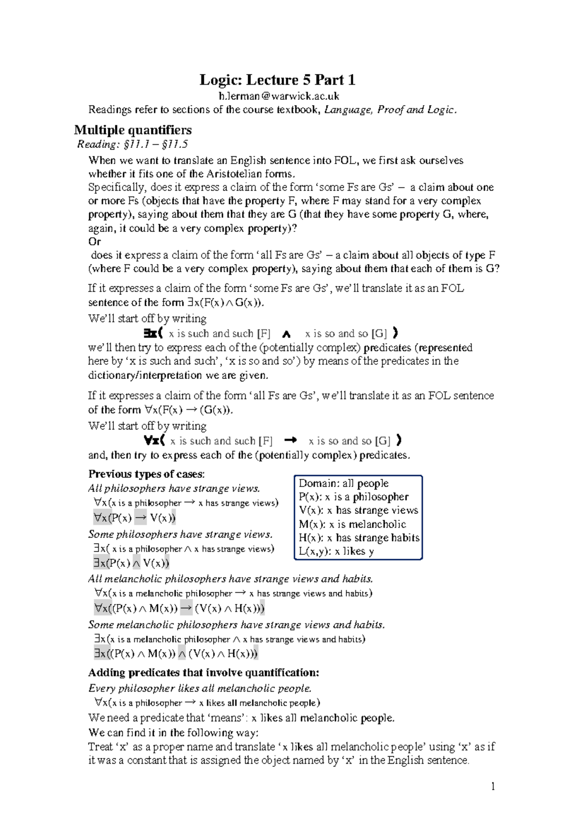 Logic Week 5 - NOTES - Logic: Lecture 5 Part 1 h@warwick.ac Readings ...