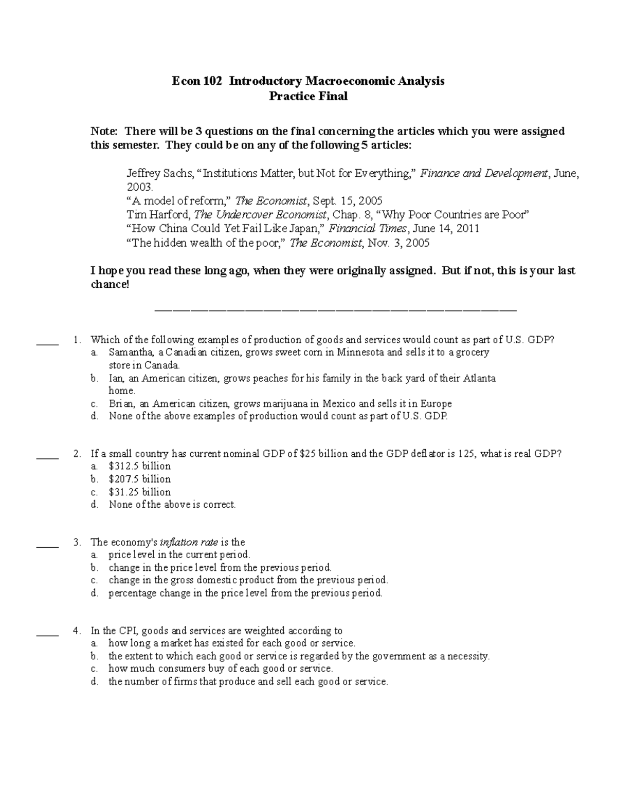 EC 102, Fall 2018 - Macroeconomic Analysis Practice Final Exam - Studocu