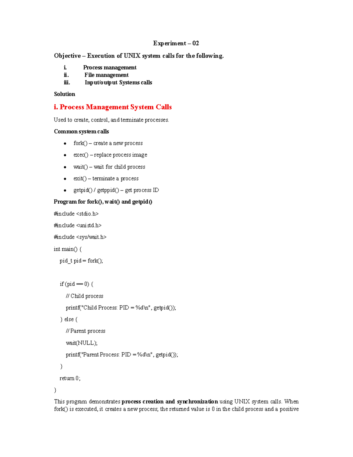 OS Experiment 02: Execution of UNIX System Calls for Process & File ...