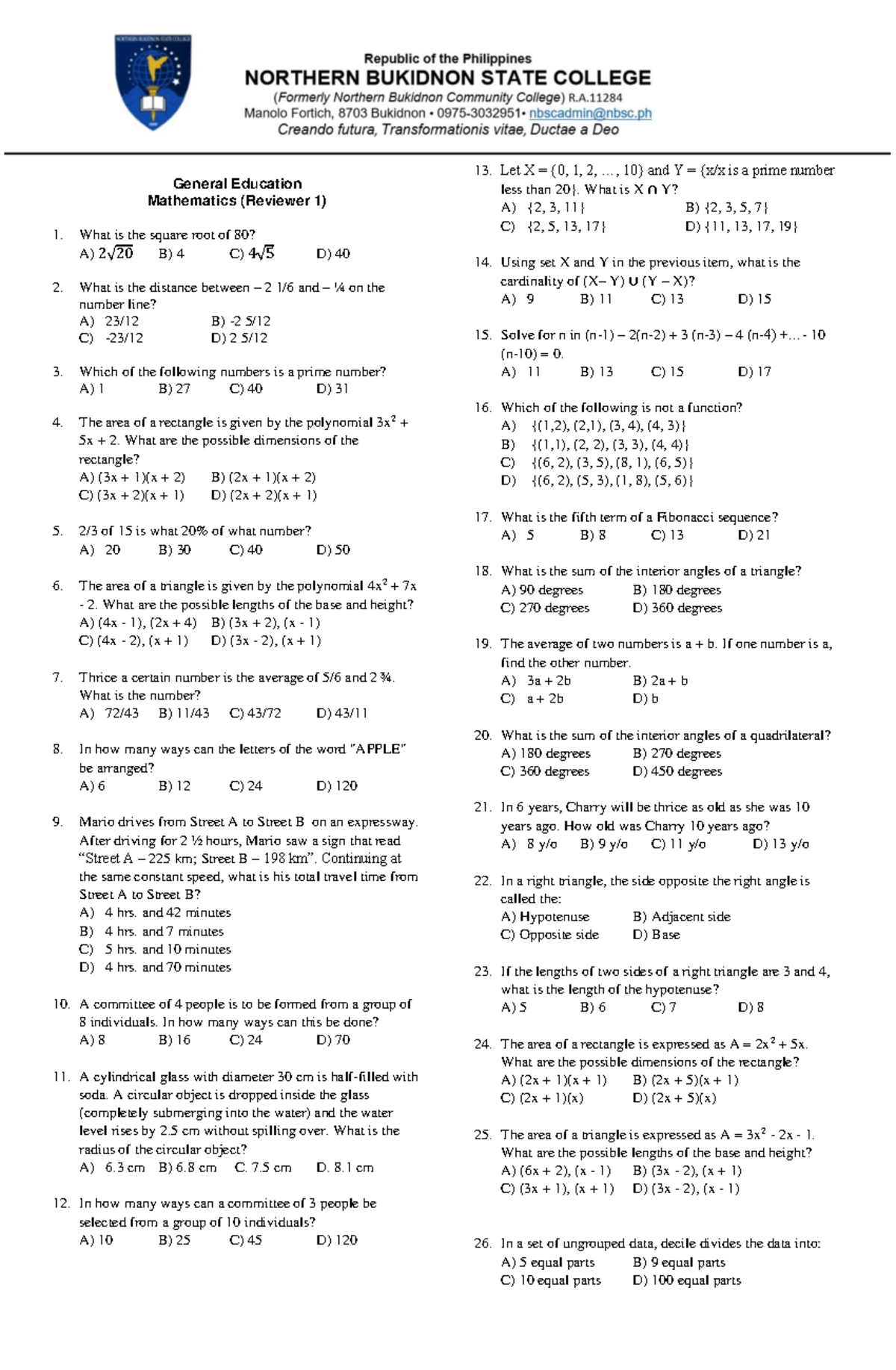 Gen Ed Math (Reviewer 1) - Comprehensive Review Material for Exams ...