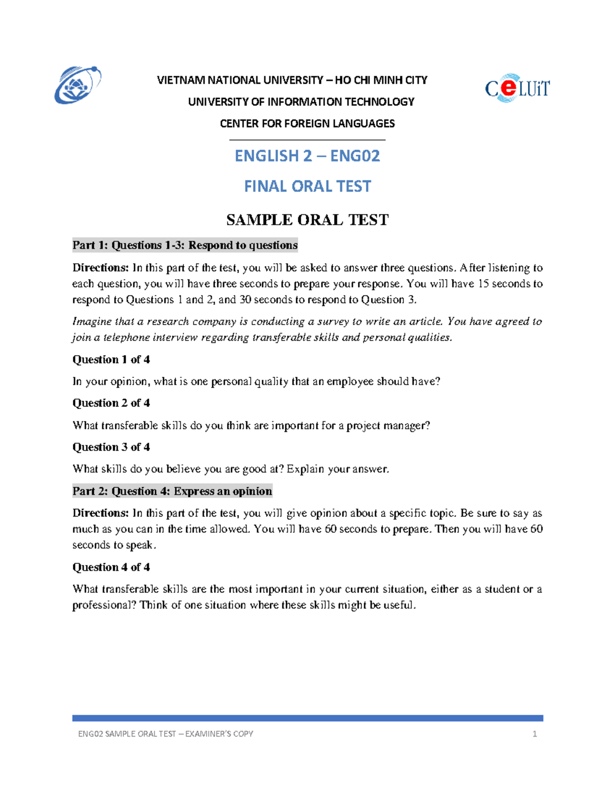 ENG02 Final Oral Test - Sample Questions for Examiners Copy - Studocu