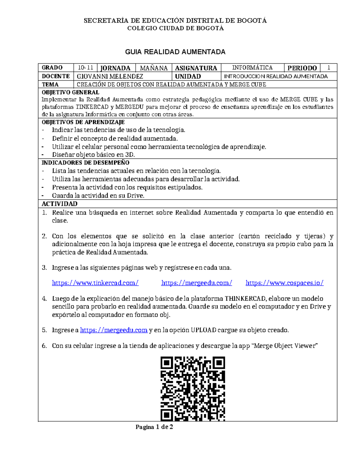 Guía Merge Cube de Realidad Aumentada - Grado 10-11 Informática - Document Preview