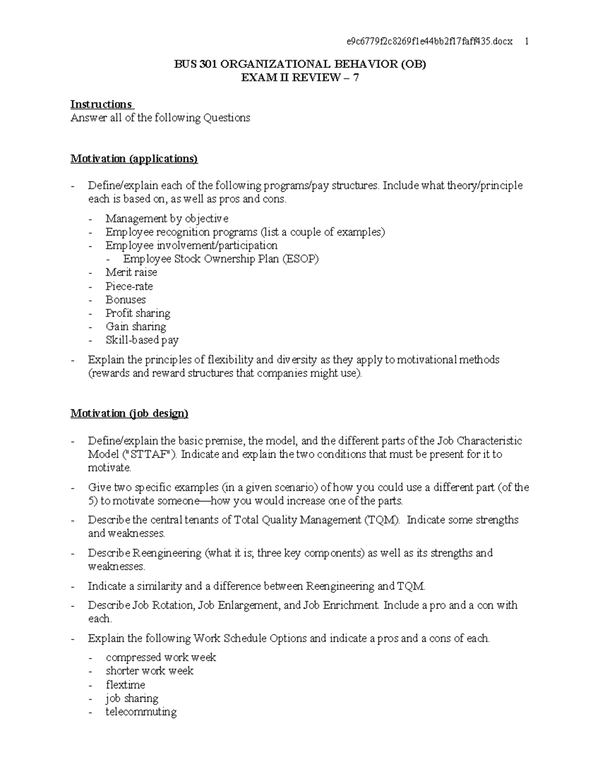BUS 301 Organizational Behavior Exam II Review Guide - Studocu