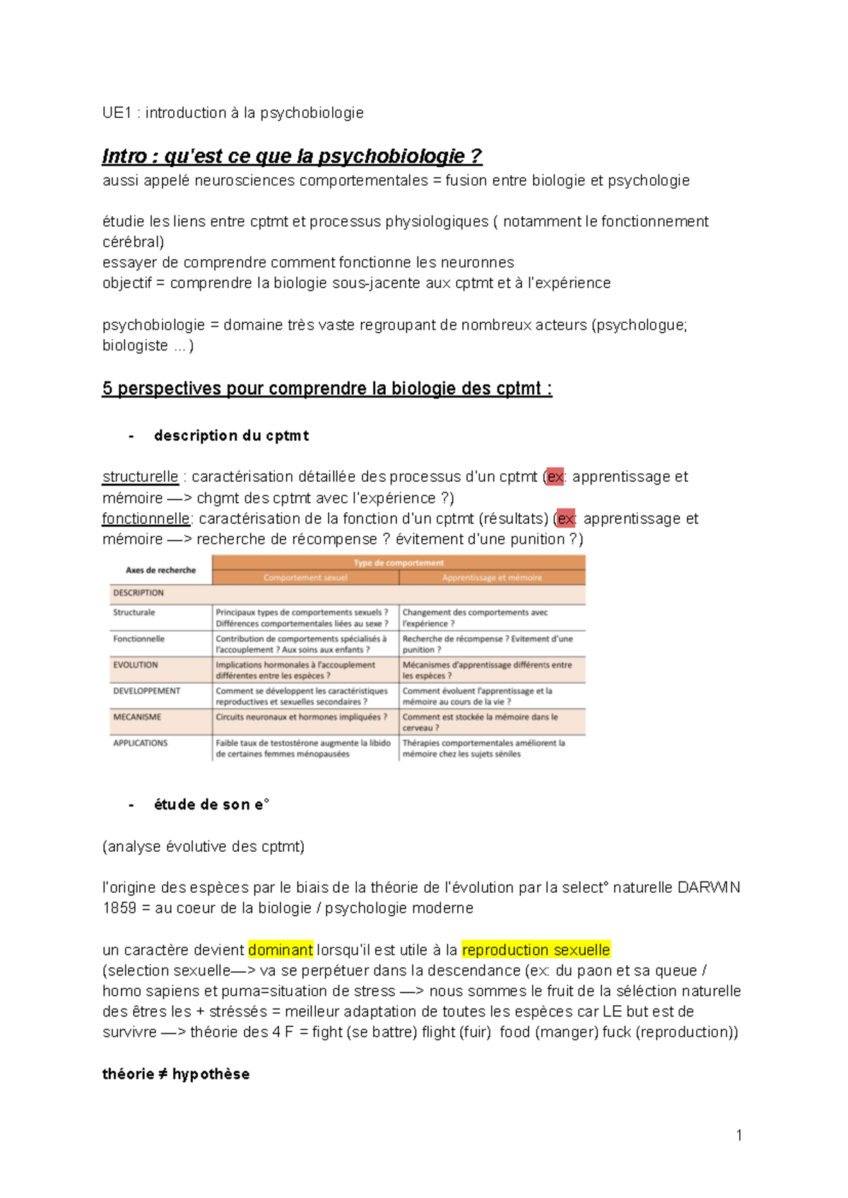 UE1 psychobiologie - UE 1 : introduction à la psychobiologie Intro : qu ...