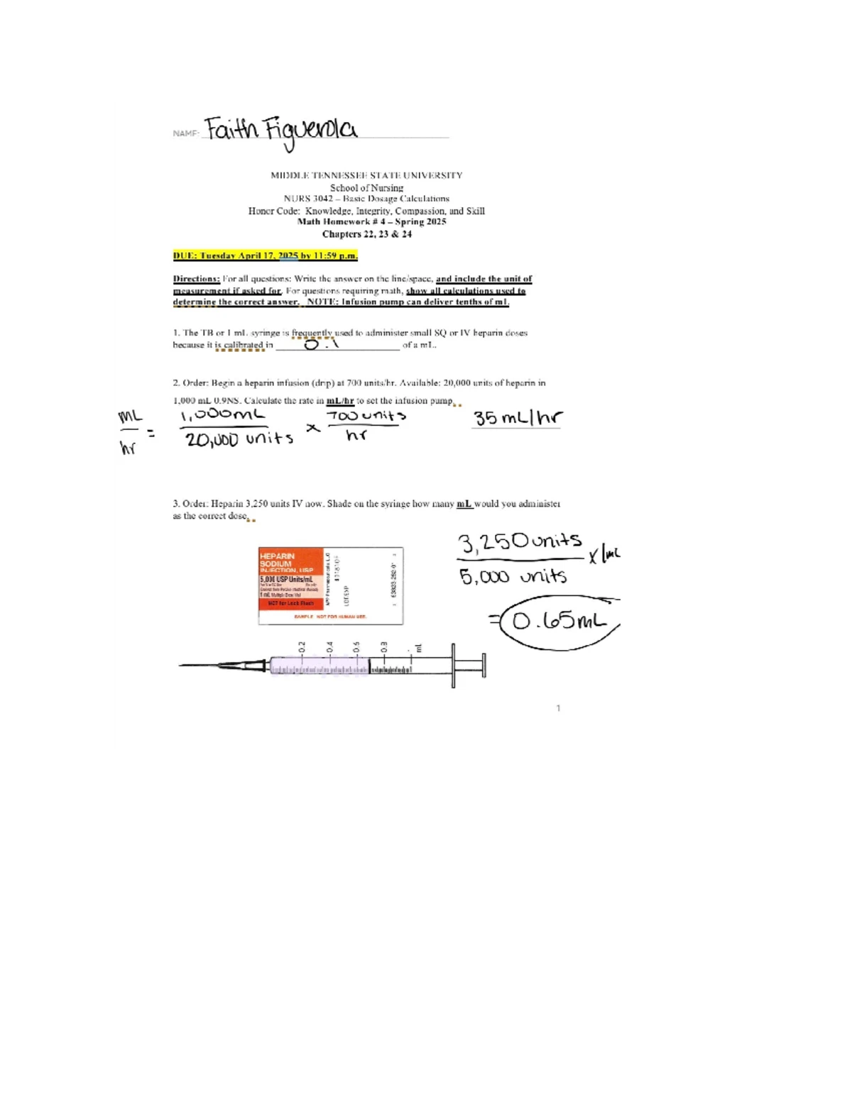 NURS 3042 Math Homework #2: Basic Dosage Calculations Spring 2025 - Studocu
