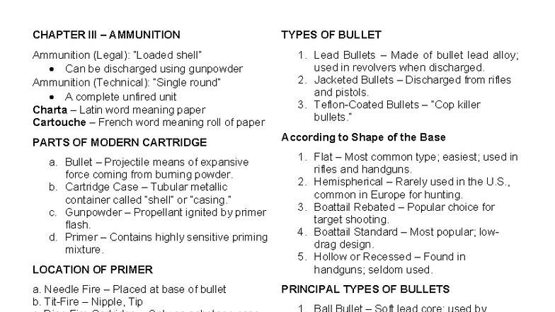 Chapter III Ammunition: Types, Parts, and Characteristics - Studocu