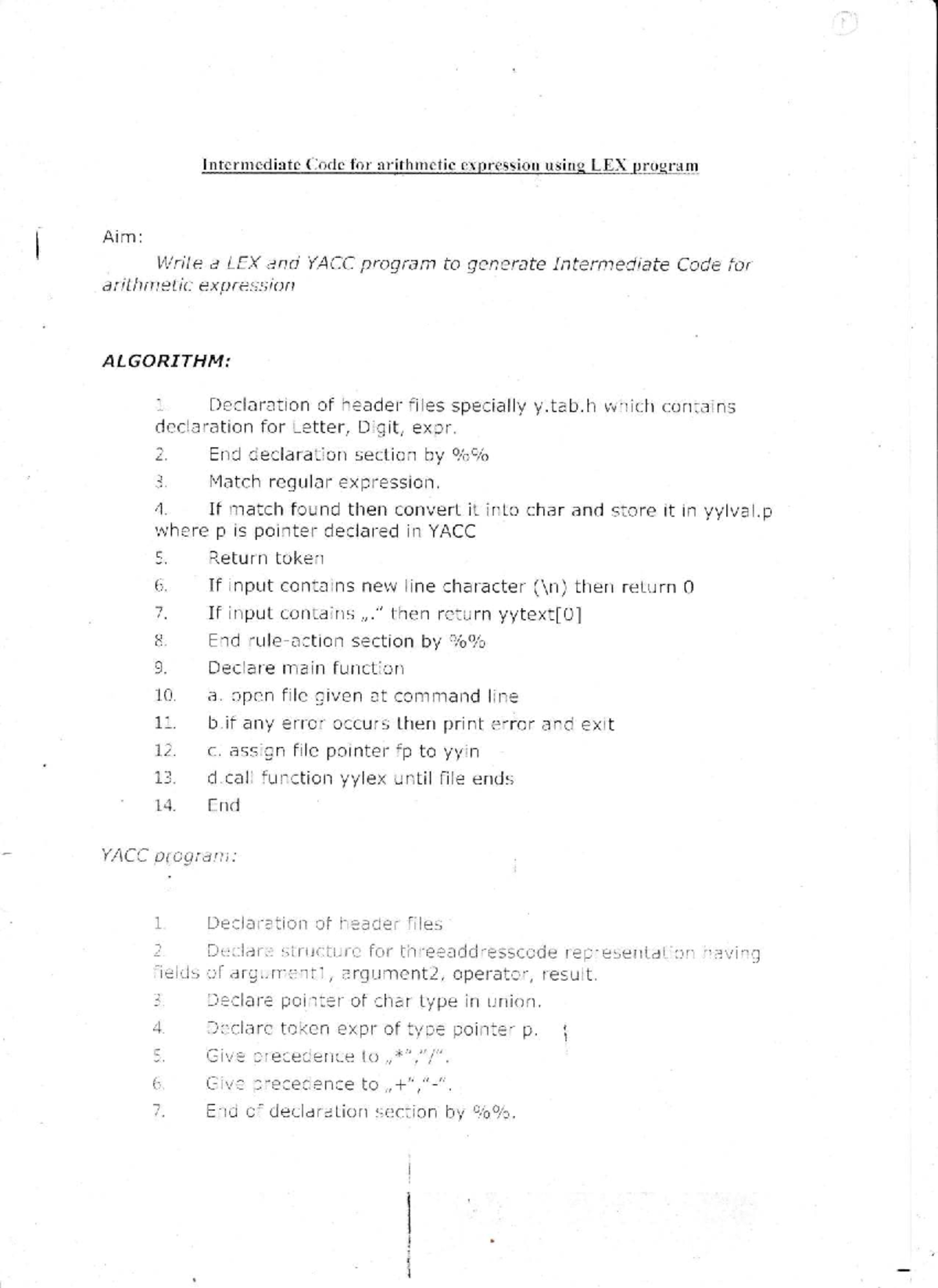 ACD 101: Intermediate Code Generation Using LEX and YACC Lab Notes ...