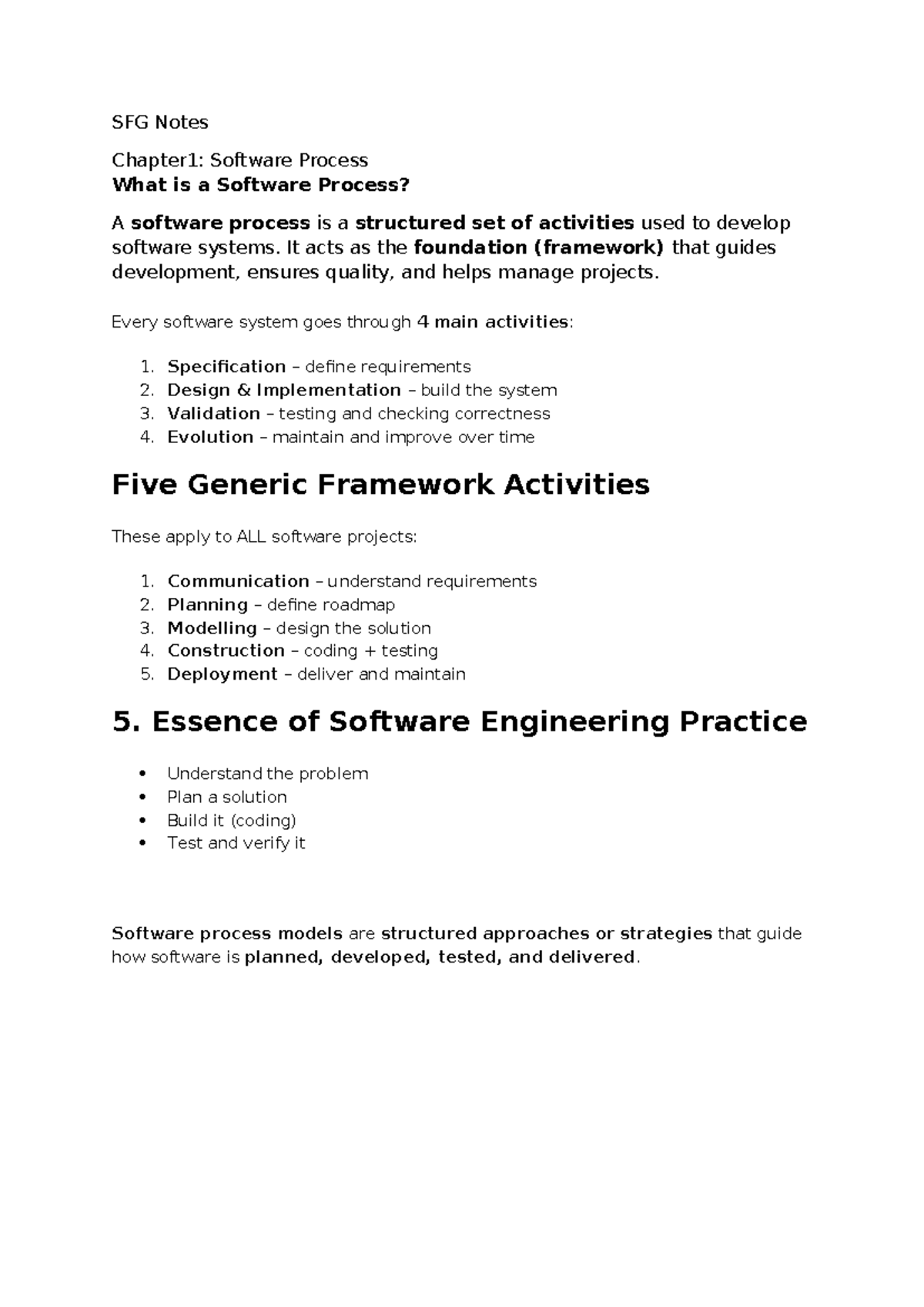 SFG Notes: Chapter 1 & 2 - Software Process and Agile Development - Studocu