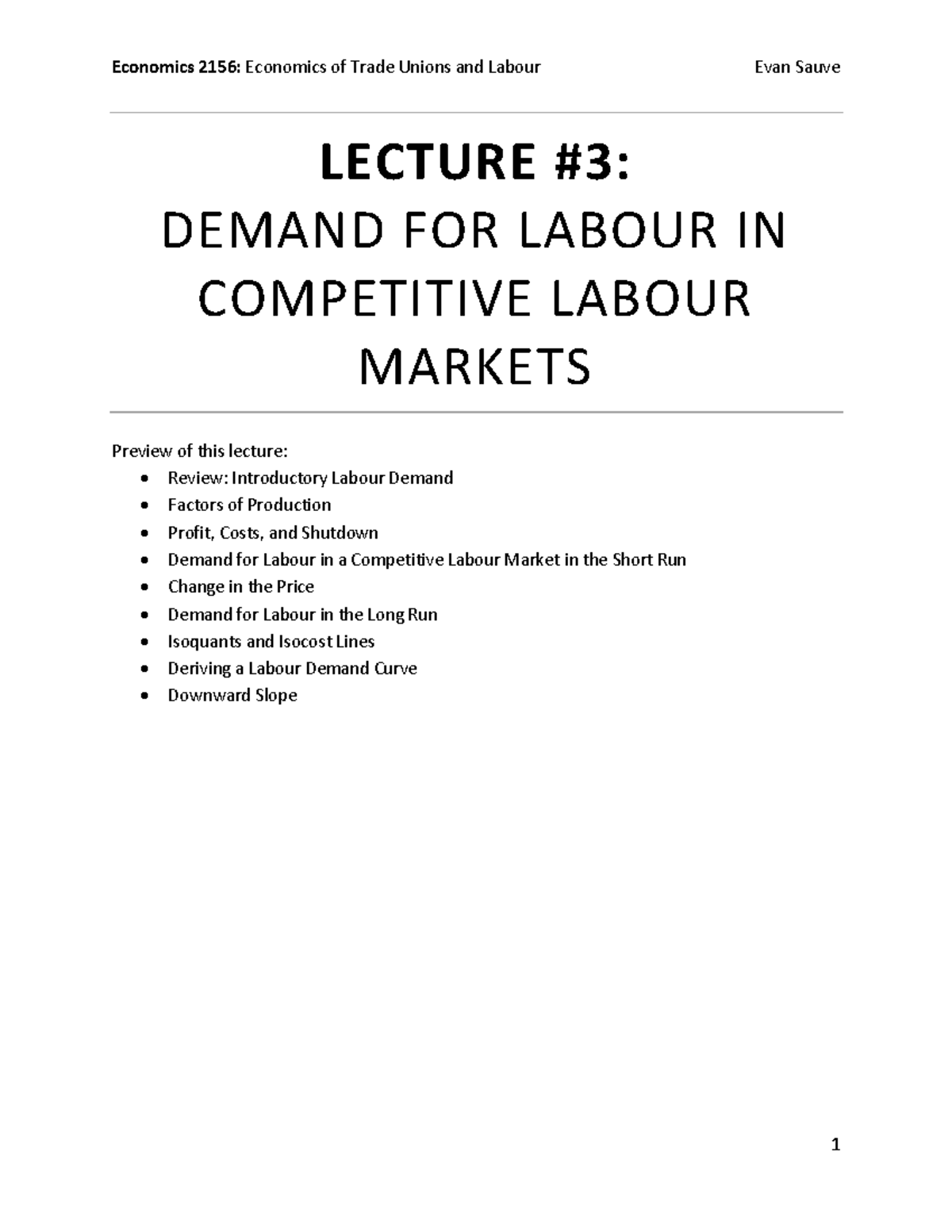Economics 2156: Lecture Notes on Labour Demand in Competitive Markets ...