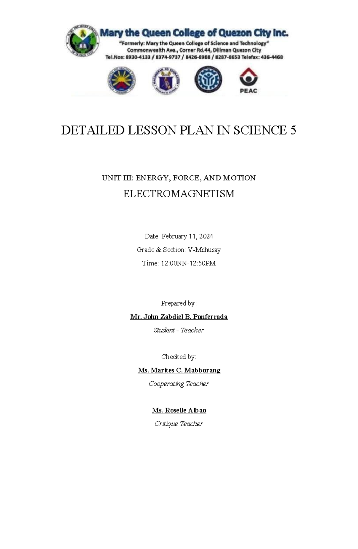 Detailed Lesson Plan: Electromagnetism in Science 5 - Studocu