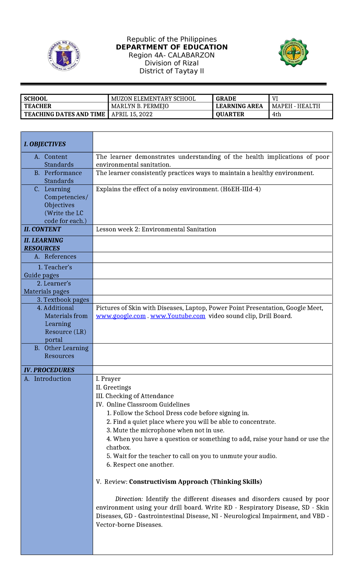 Lesson Exemplar for Health 6 COT4: Understanding Environmental ...