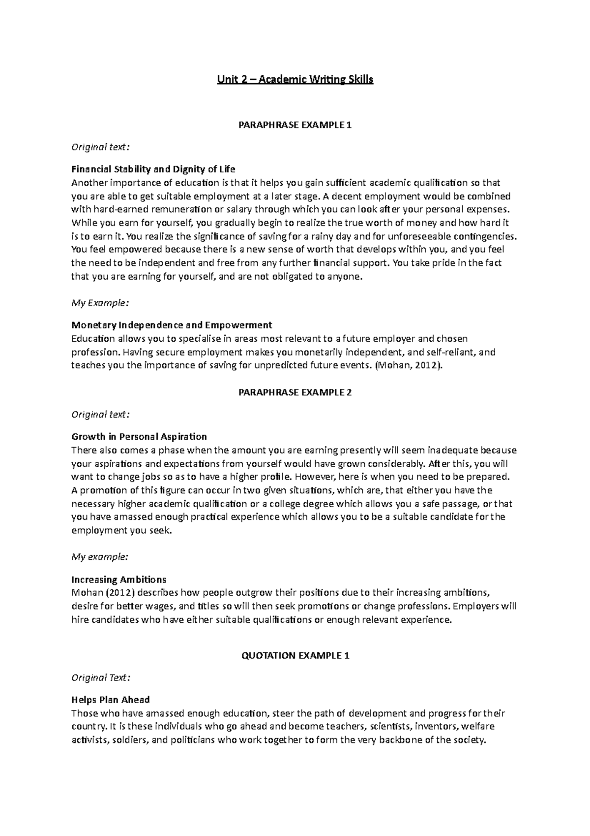 Unit 2 - Examples of Paraphrasing and Quotations in Writing - Studocu