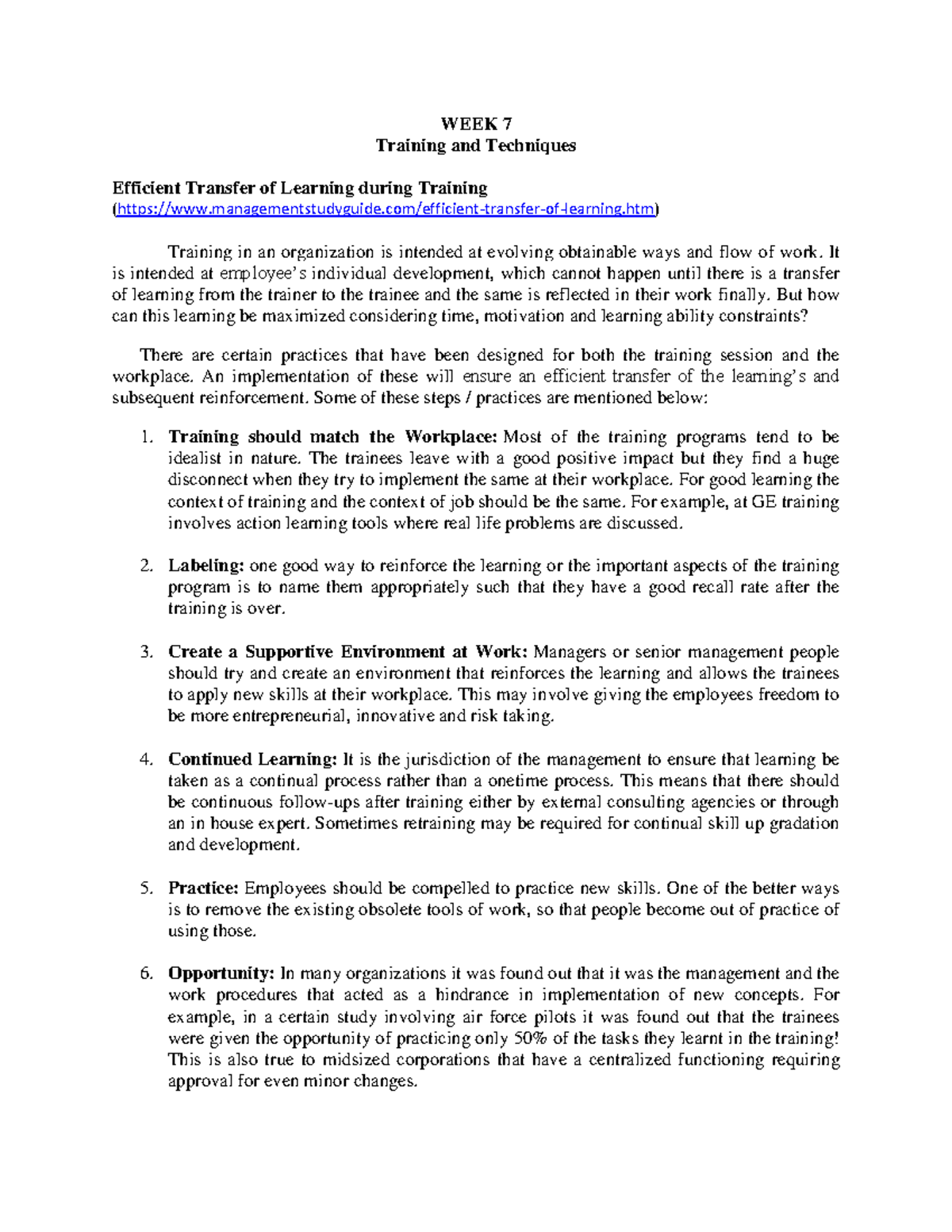Week 7 - Lesson 7: Maximizing Learning Transfer in Training Techniques ...